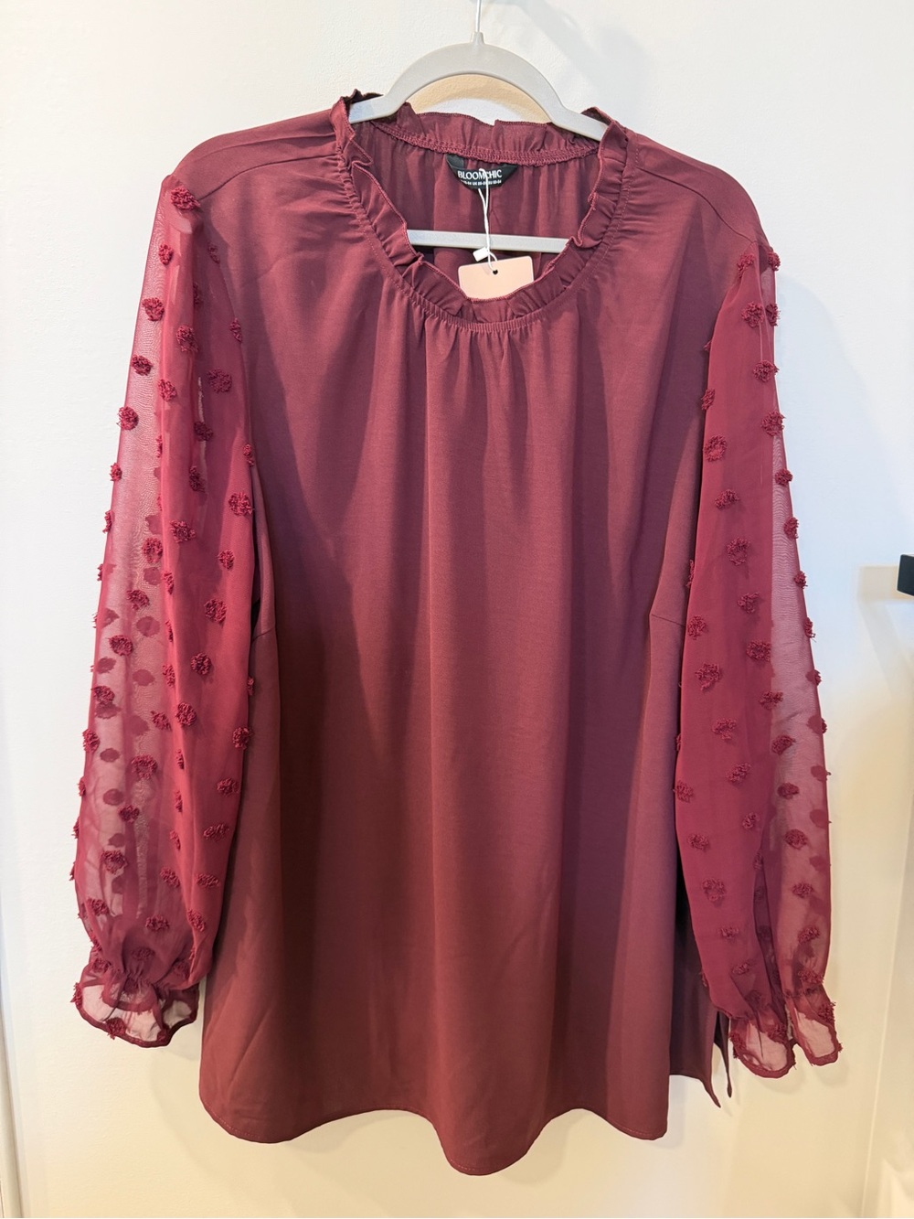 BloomChic Long-Sleeve Ruffled Neck Blouse - maroon size 3X